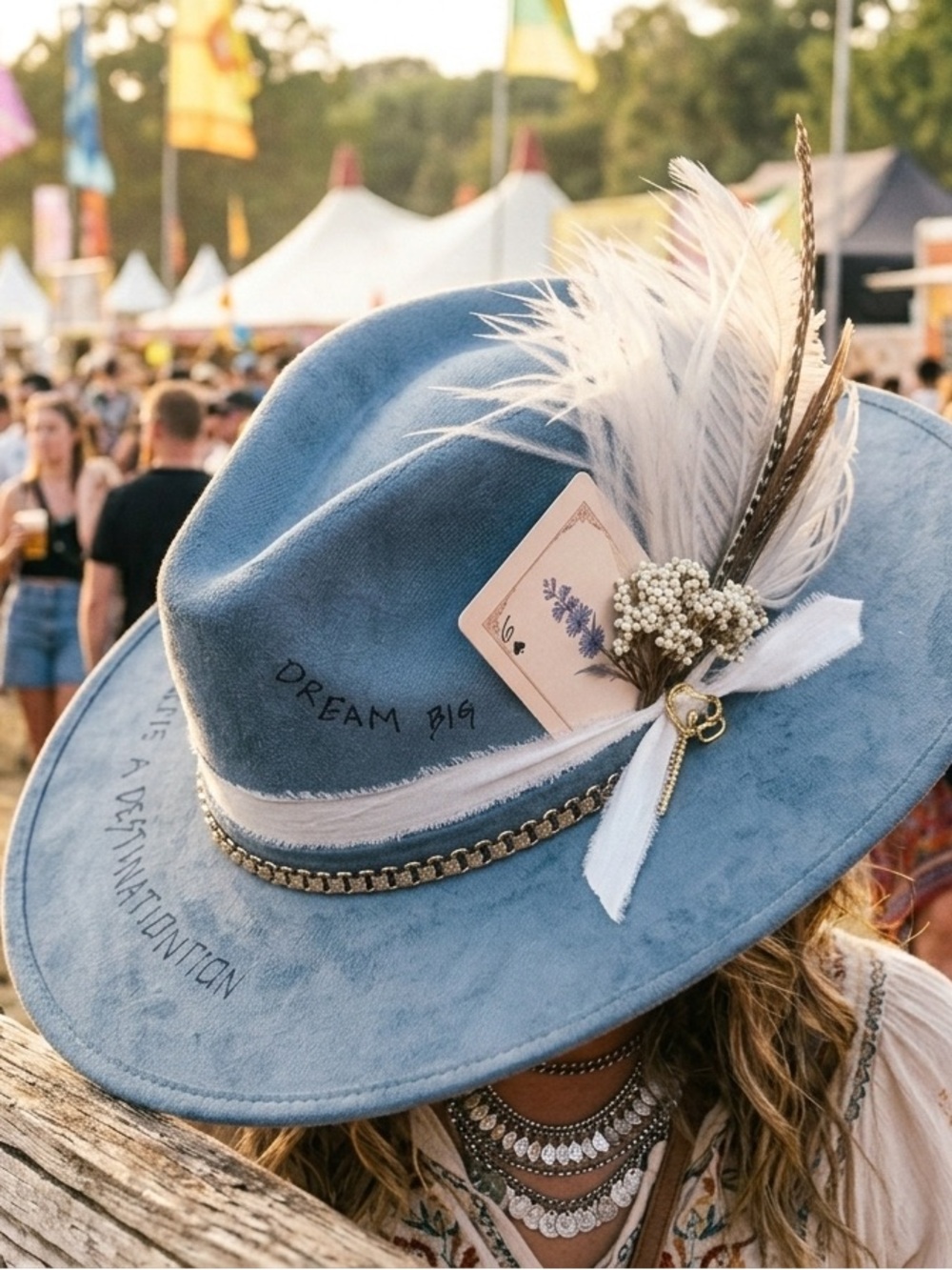 Unique Custom Blue Denim Fedora Hat - "Dream Big"